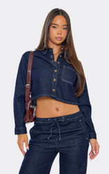 Long Sleeve Button Up Cropped Jacket In Indigo Blue Denim | EGO US | EGO