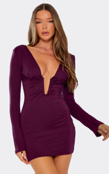 a-line plunge neck long sleeve mini dress in plum Long Sleeve Plunge Front Ruched Mini Dress In Plum | EGO US