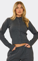 Long Sleeve Button Front Fitted Top In Charcoal Grey Ribbed | EGO