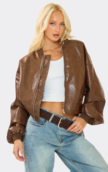 Long Sleeve Zip Front Bomber Jacket In Chocolate Brown Faux