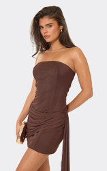 Bandeau Asymmetric Drape Detail Mini Dress In Chocolate Brown