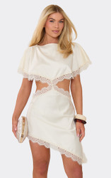 Short Sleeve Cut Out Waist Asymmetric Lace Trim Mini Dress In