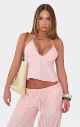 Halterneck Plunge Front Lace Trim Top In Pink Pinstripe Woven