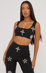 その他 kiki218 Square Neck Embellished Crucifix Detail Crop Top In Black