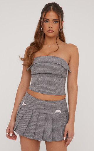 Low Rise Bow Detail Pleated Mini Skirt In Grey Pinstripe