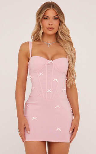Bell♡　1207　♡ Strappy Satin Bow Detail Corseted Mini Bodycon Dress In Pink