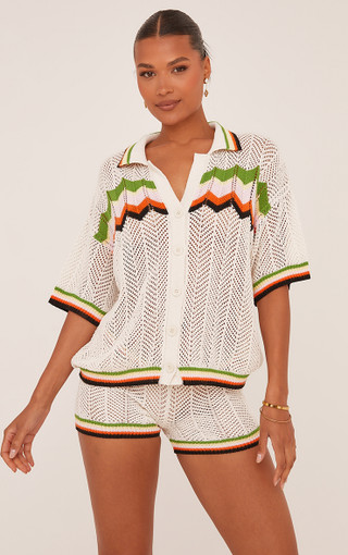 Short Sleeve Multi Print Shirt In Cream Crochet Knit | EGO