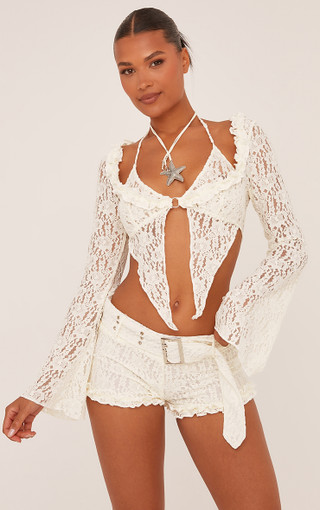 Flared Long Sleeve Split Hem Top In Cream Lace | EGO US | EGO