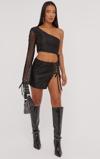 Lace Up Side Detail Split Leg Mini Skirt In Black Texture