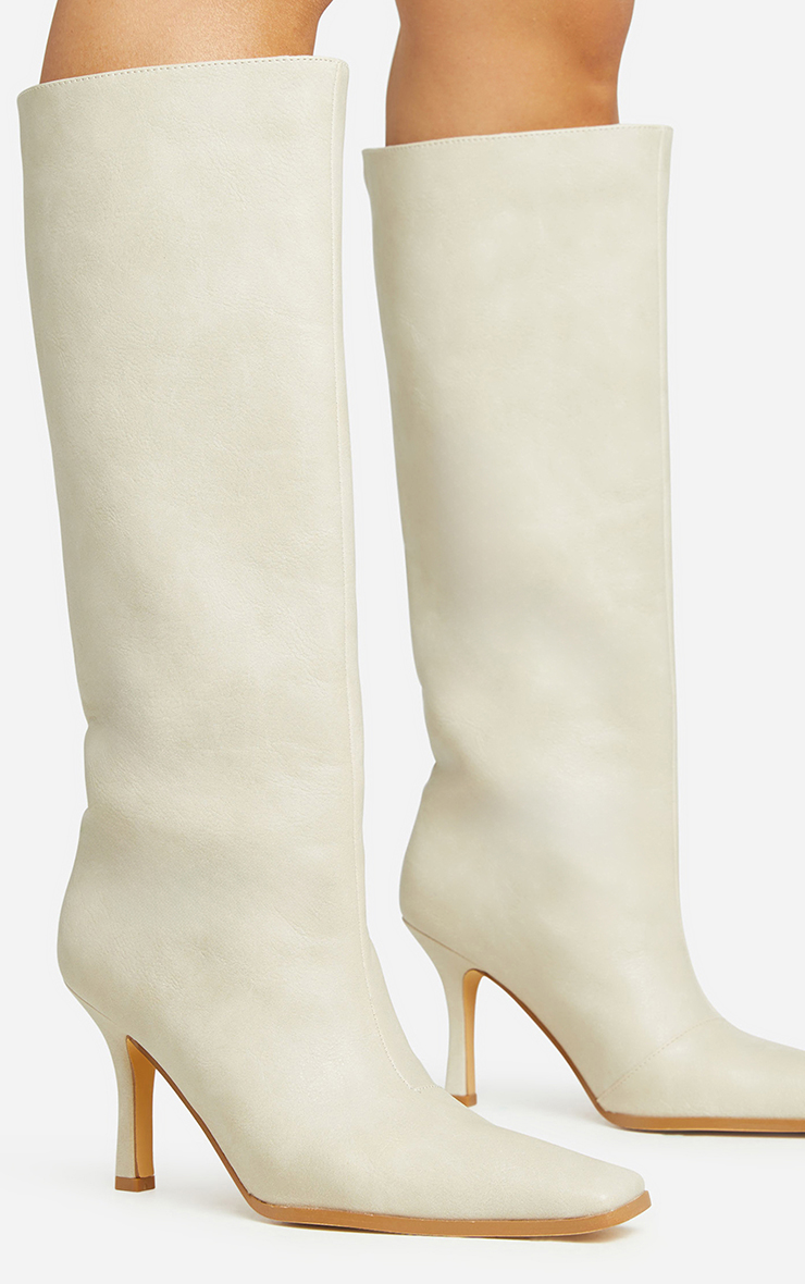 Cecil Square Toe Stiletto Heel Knee High Long Boot In Cream