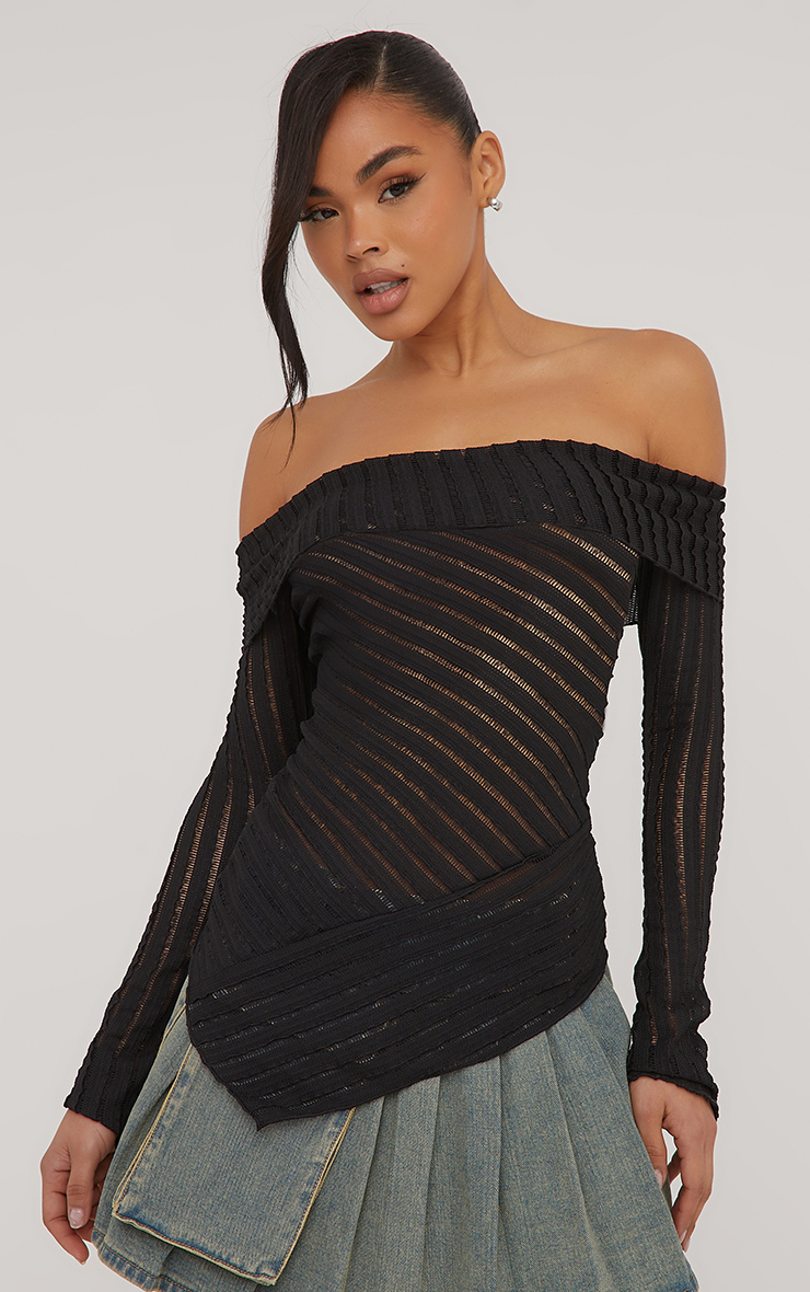 Bardot Fold Over Detail Asymmetric Top In Black Texture Knit | EGO