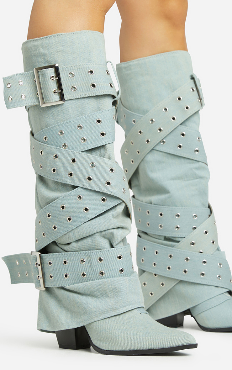 靴 SIDE WAVE BUCKLE LONG BOOTS Censored Eyelet Buckle Strap Detail Pointed Toe Block Heel Knee
