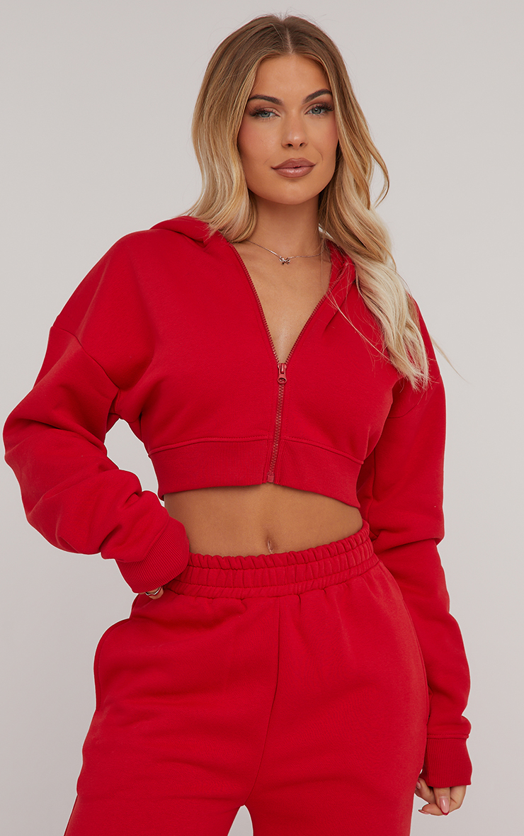 Long Sleeve Oversized Zip Detail Cropped Hoodie In Red | EGO US | EGO