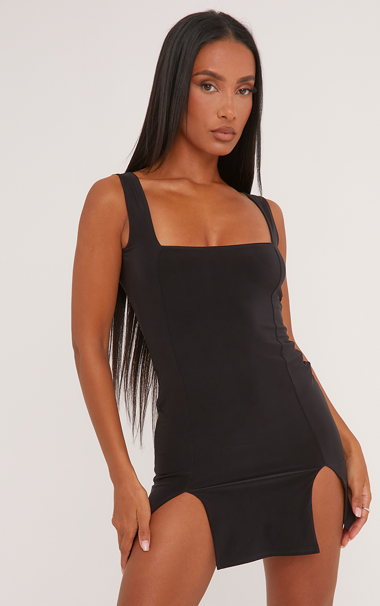 Square Neck Open Back Split Leg Detail Mini Dress In Black Slinky