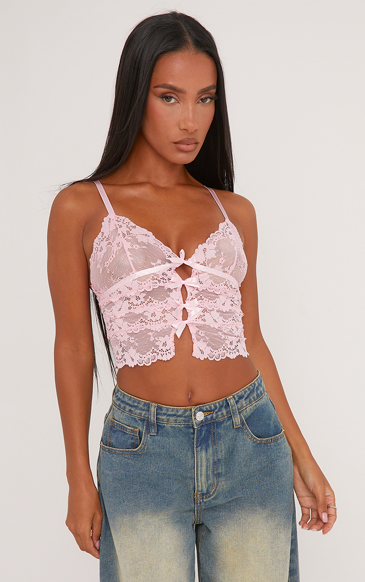 Plunge Bow Detail Strappy Crop Top In Pink Lace | EGO US | EGO