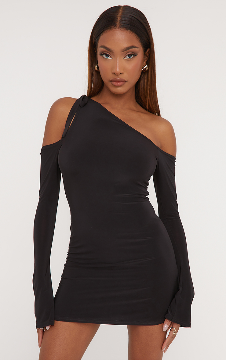 Asymmetric Cold Shoulder Bow Tie Detail Mini Dress In Black