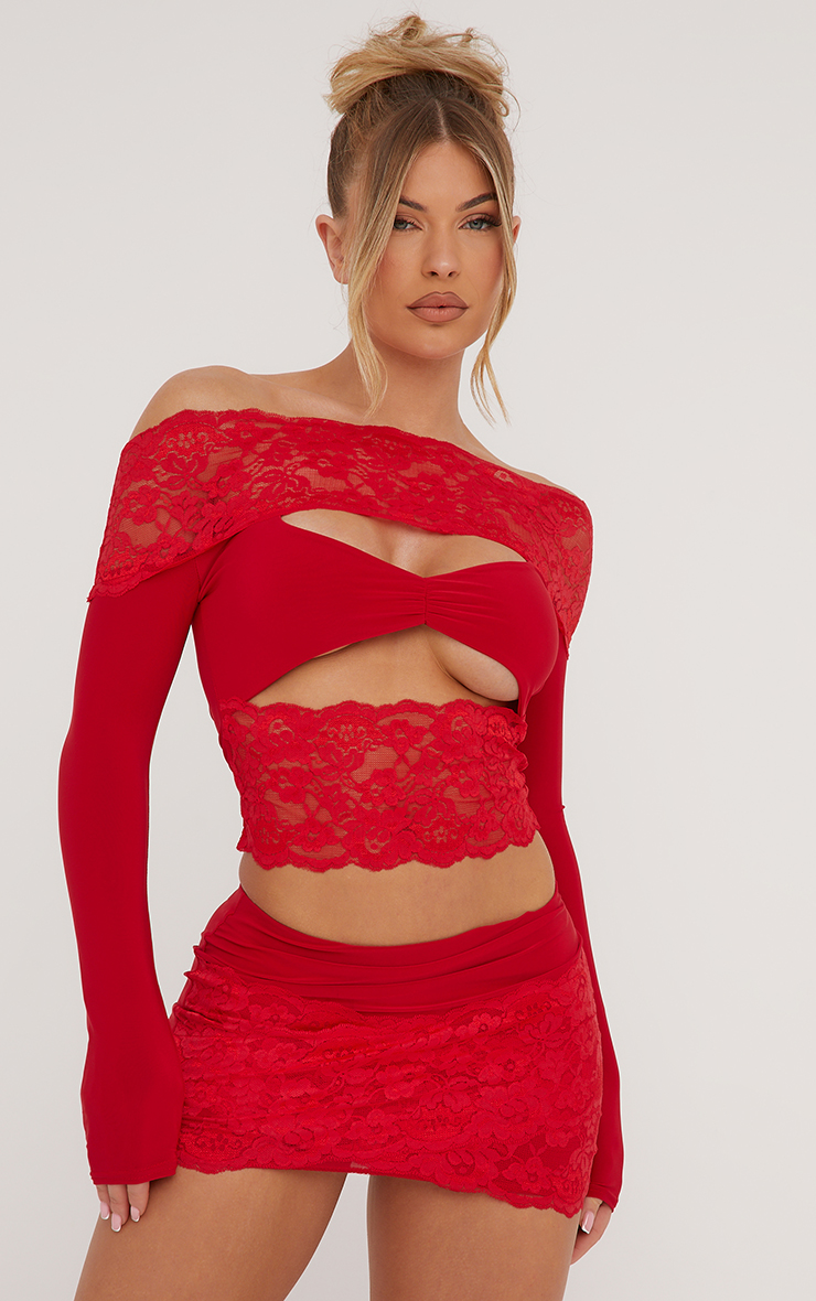 Bardot Lace Detail Cut Out Crop Top In Red Slinky | EGO Shoes