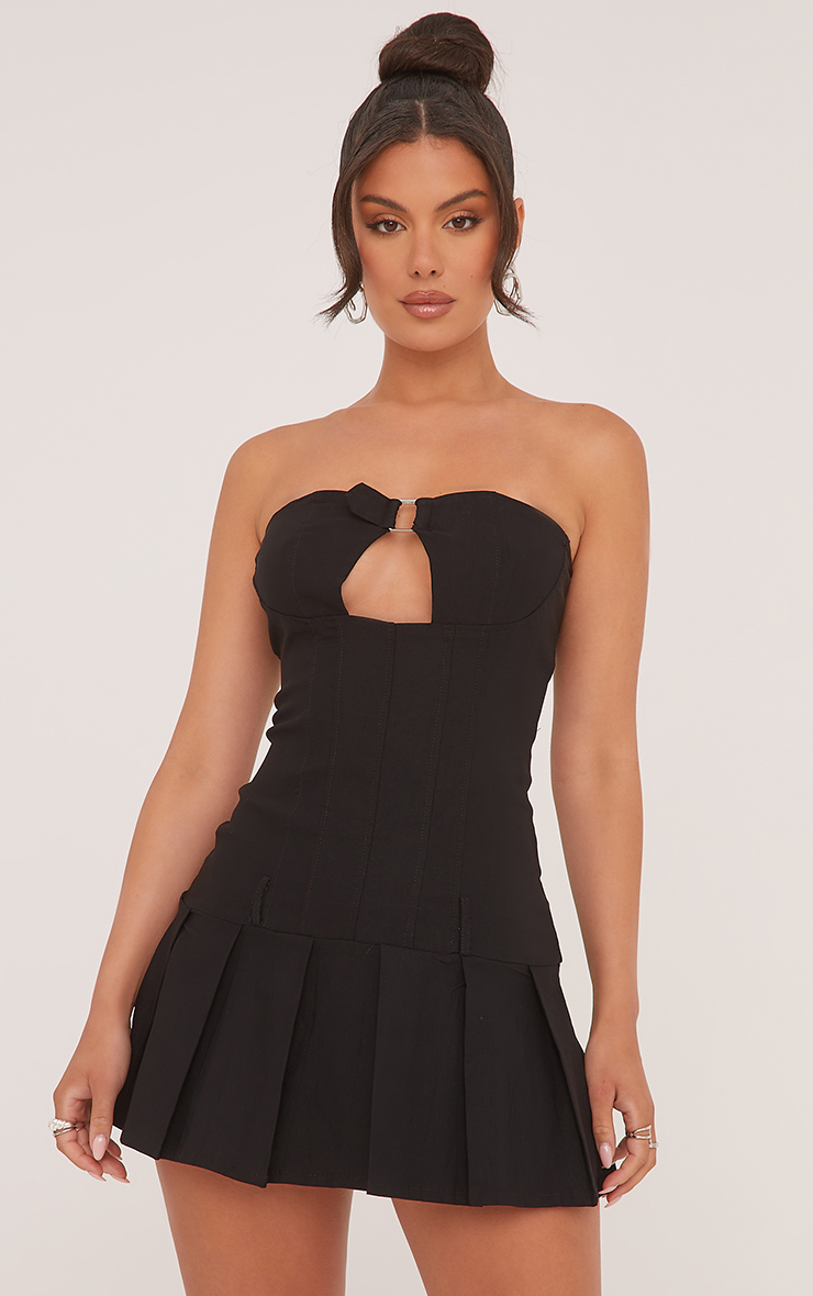 premium black woven bandeau contrast pleated hem mini dress Black Tailored Tara Mini Dress main image 0