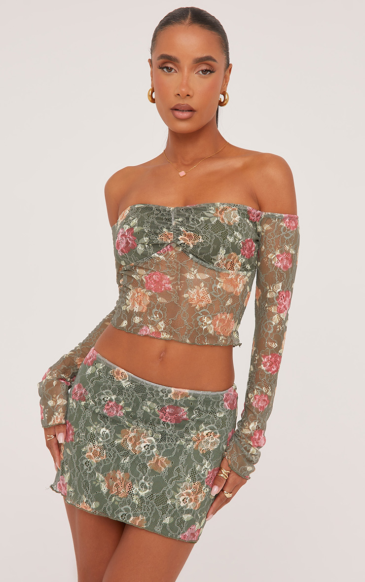 Bardot Crop Top And Low Rise Mini Skirt Co-Ord Set In Green Floral