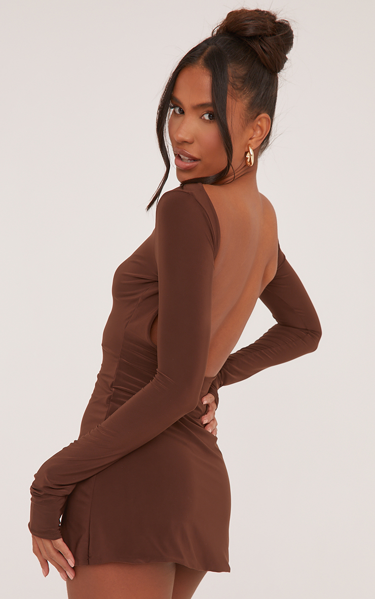 Long Sleeve Slash Neck Open Back Mini Dress In Brown Slinky