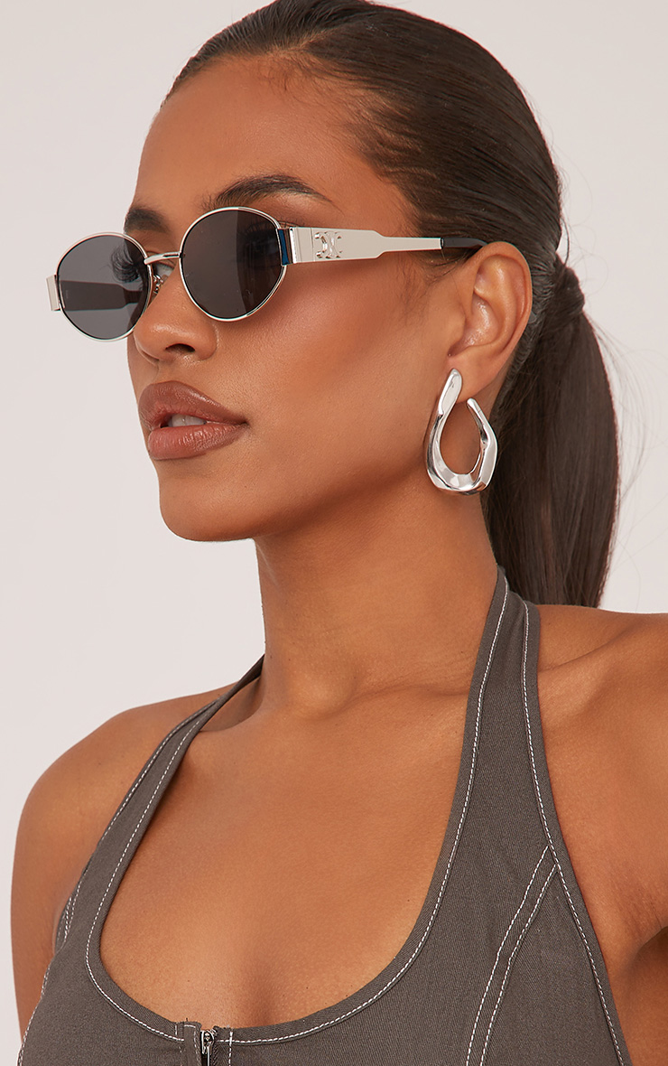 Oval Cateye Shape Side Detail Metal Frame Sunglasses In Silver