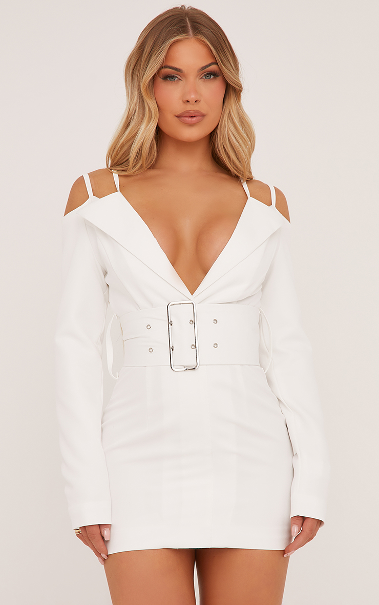 Keep It Bold White Deep Plunge Oversized Pad Shoulders Blazer Dress