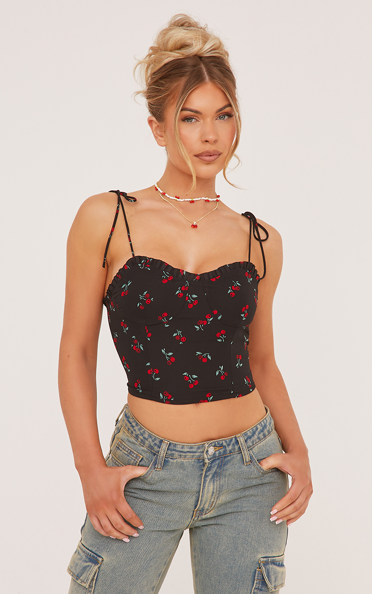 トップス S flower taped camisole the red thread Women's Spaghetti Strap Camisole Floral Print V Neck Tie-Up