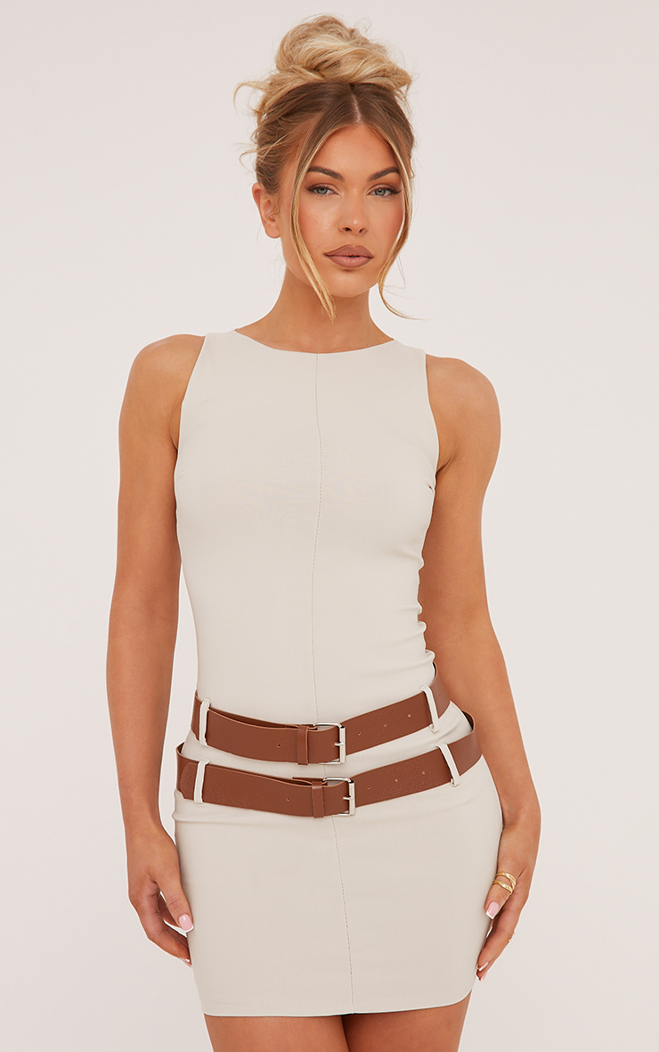 Sleeveless High Neck Double Belt Detail Mini Bodycon Dress