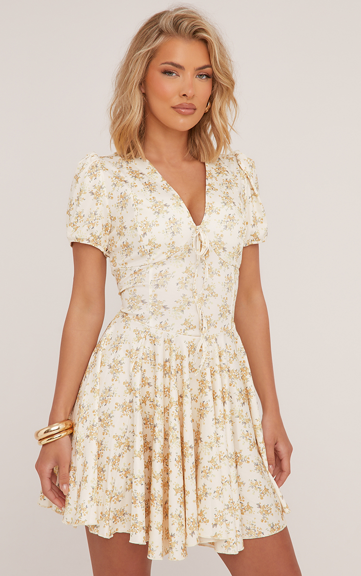 yellow ditsy printed bandeau skater midaxi dress Short Sleeve Plunge Mini Skater Dress In Yellow Ditsy Floral Print | EGO US