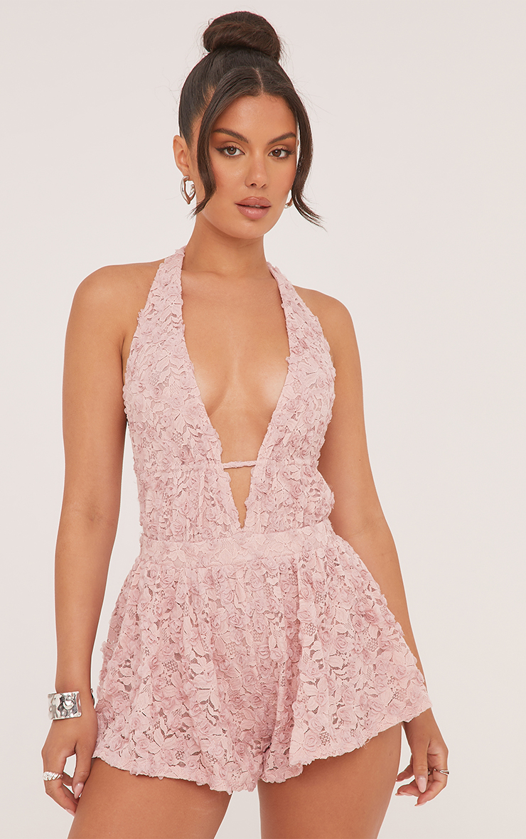 Plunge Open Back Flippy Hem Playsuit In Pink Floral Lace
