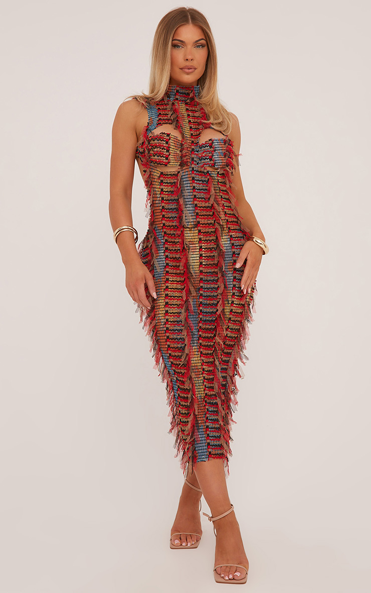 High Neck Cut Out Bust Maxi Dress In Multi Red Texture | EGO