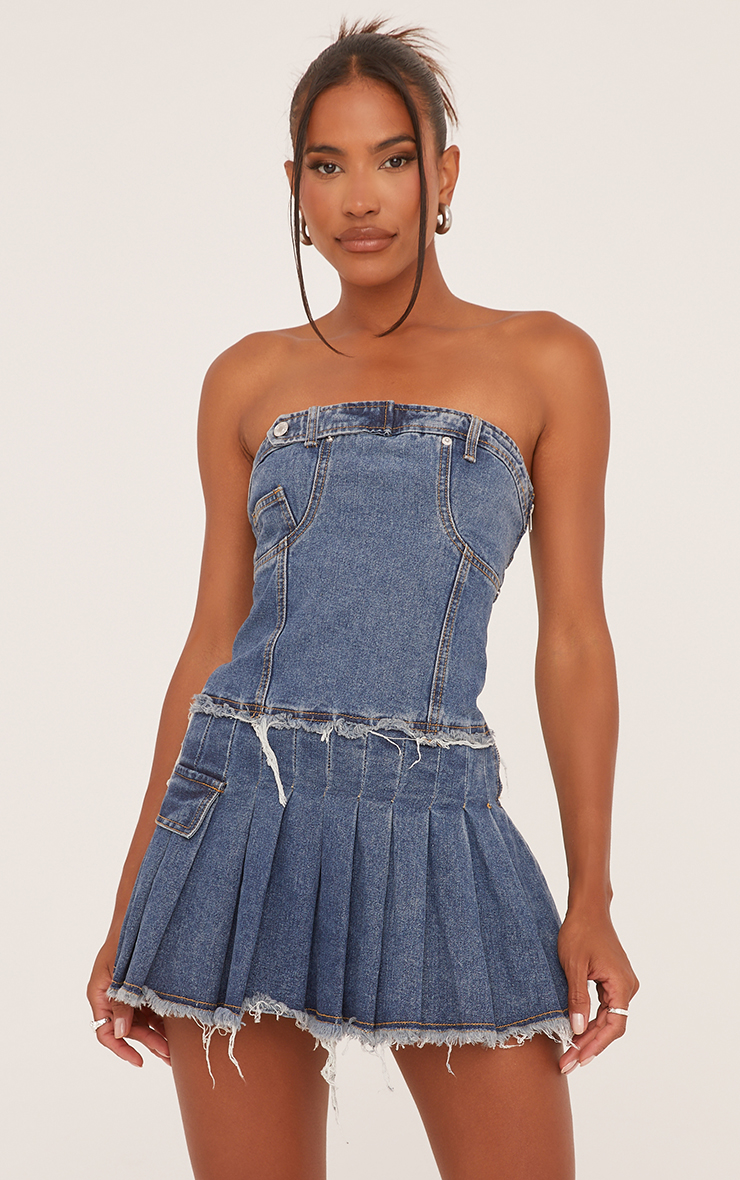 Bandeau Distressed Detail Pleated Mini Dress In Blue Denim