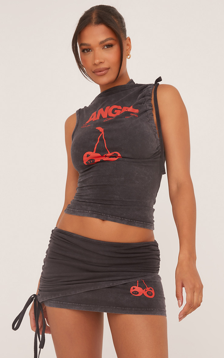 Sleeveless Cherry Graphic Ruched Top In Black Acid Wash | EGO EU | EGO