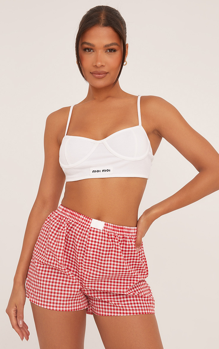 High Waist Button Front Boxer Shorts In Red Gingham Print