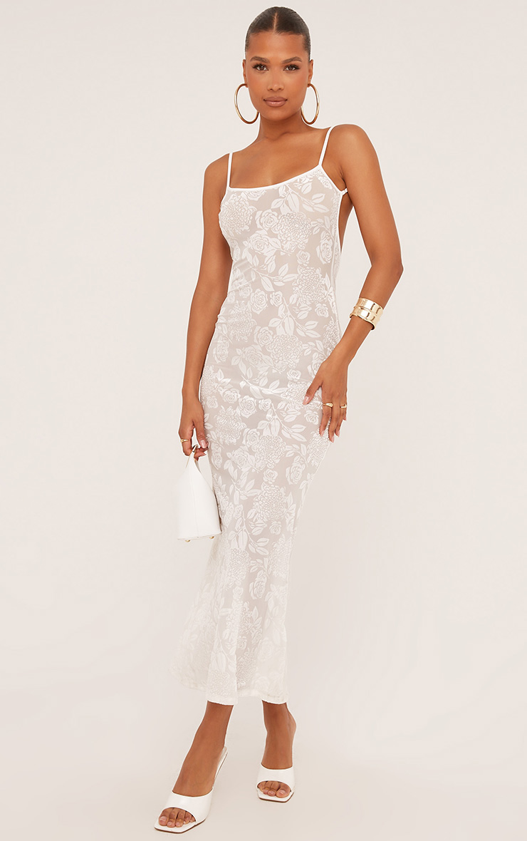 Square Neck Strappy Back Maxi Dress In White Floral Devore