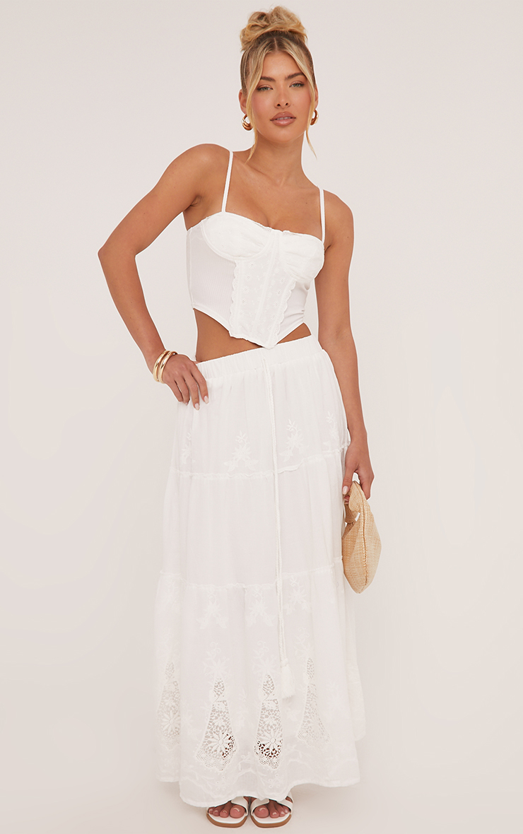 Mid Rise Floral Cut Out Detail Tiered Maxi Skirt In White