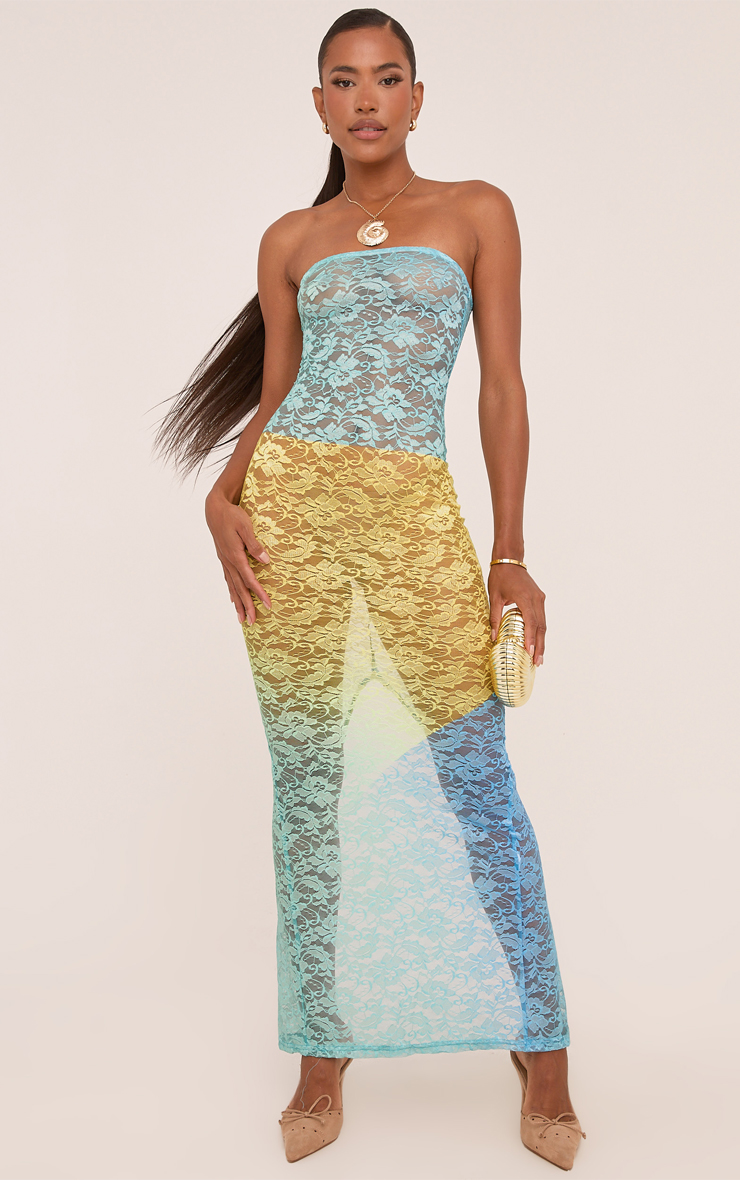 Bandeau Maxi Dress In Blue And Yellow Lace | EGO US | EGO