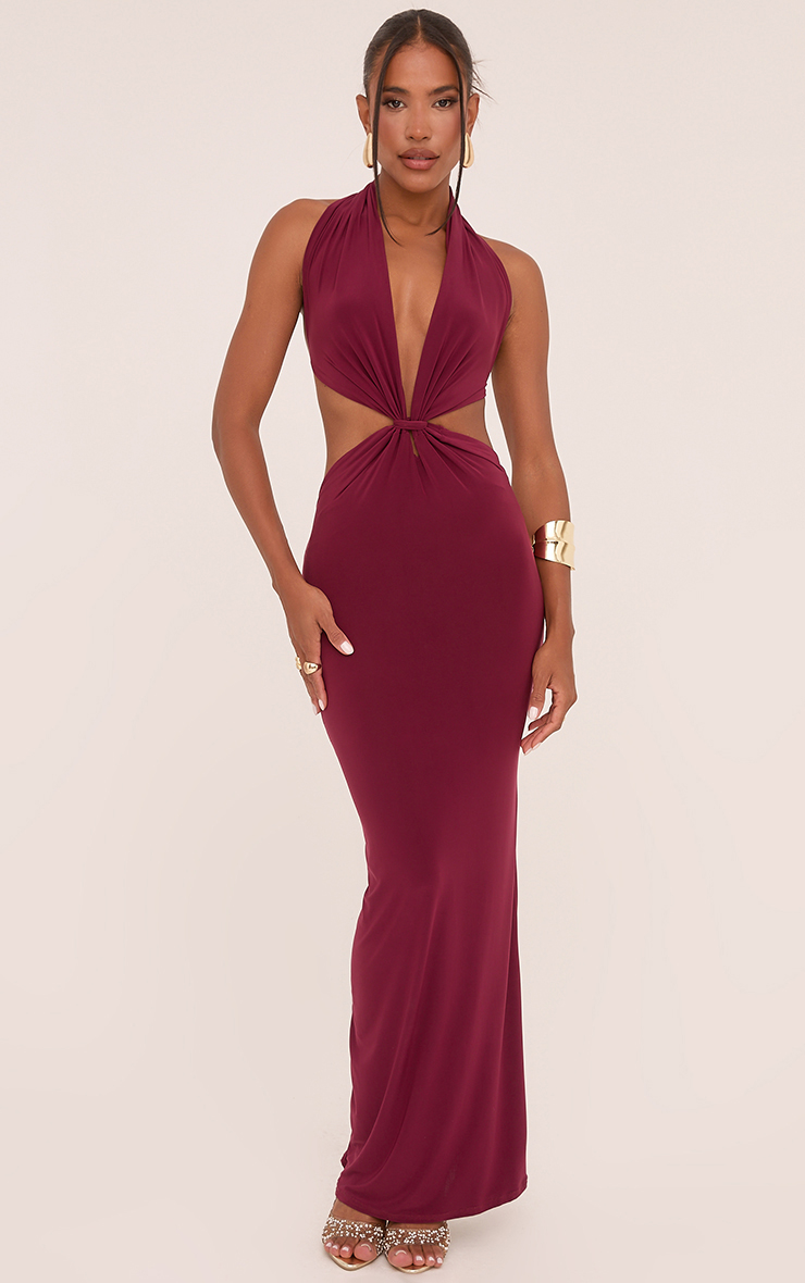 Plunge Halterneck Knot Front Maxi Dress In Wine Slinky | EGO EU | EGO Plunge Halterneck Knot Front Maxi Dress In Wine Slinky | EGO EU | EGO
