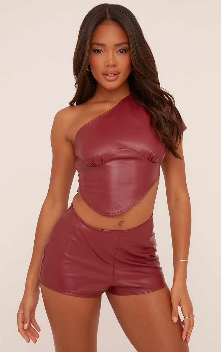 One Shoulder Curved Hem Top In Burgundy Faux Leather | EGO US | EGO