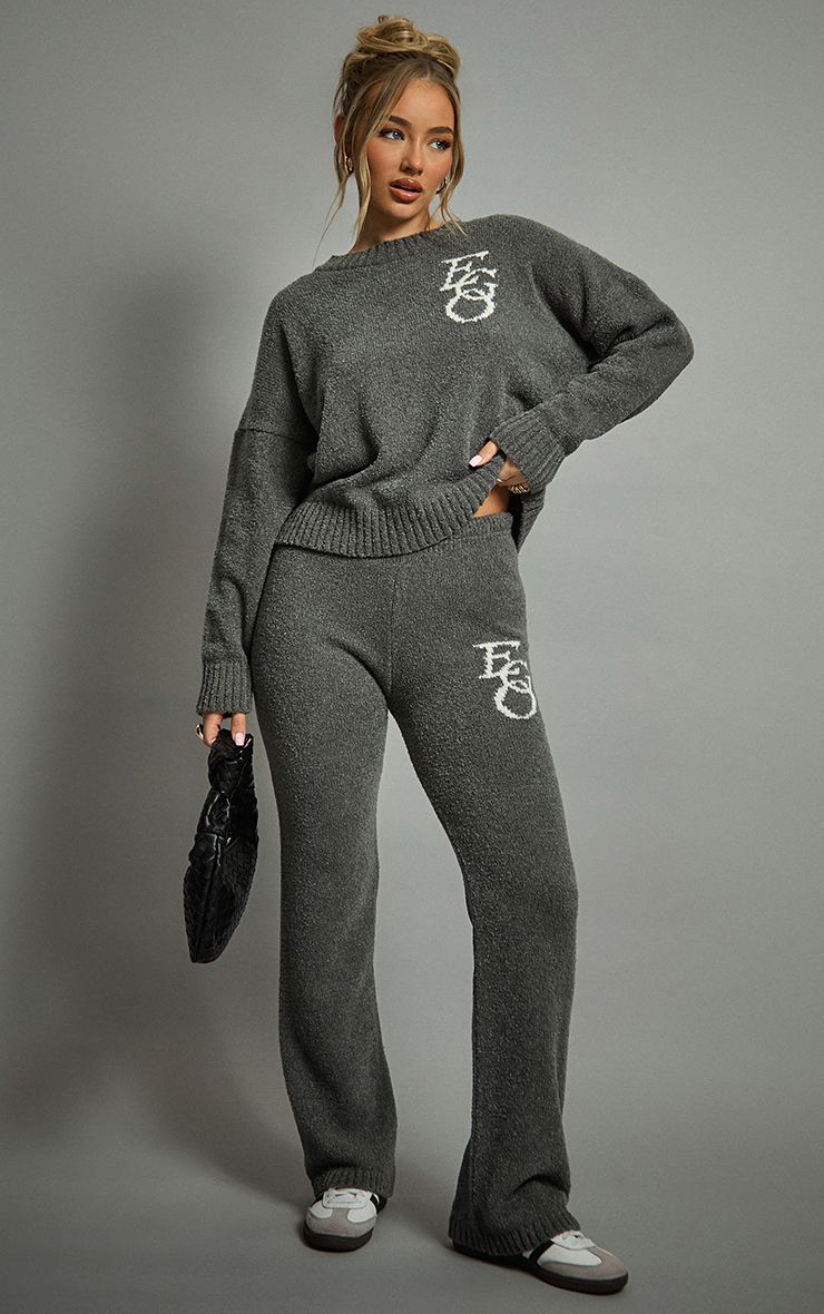 Mid Waist Ego Graphic Straight Leg Trousers In Grey Knit