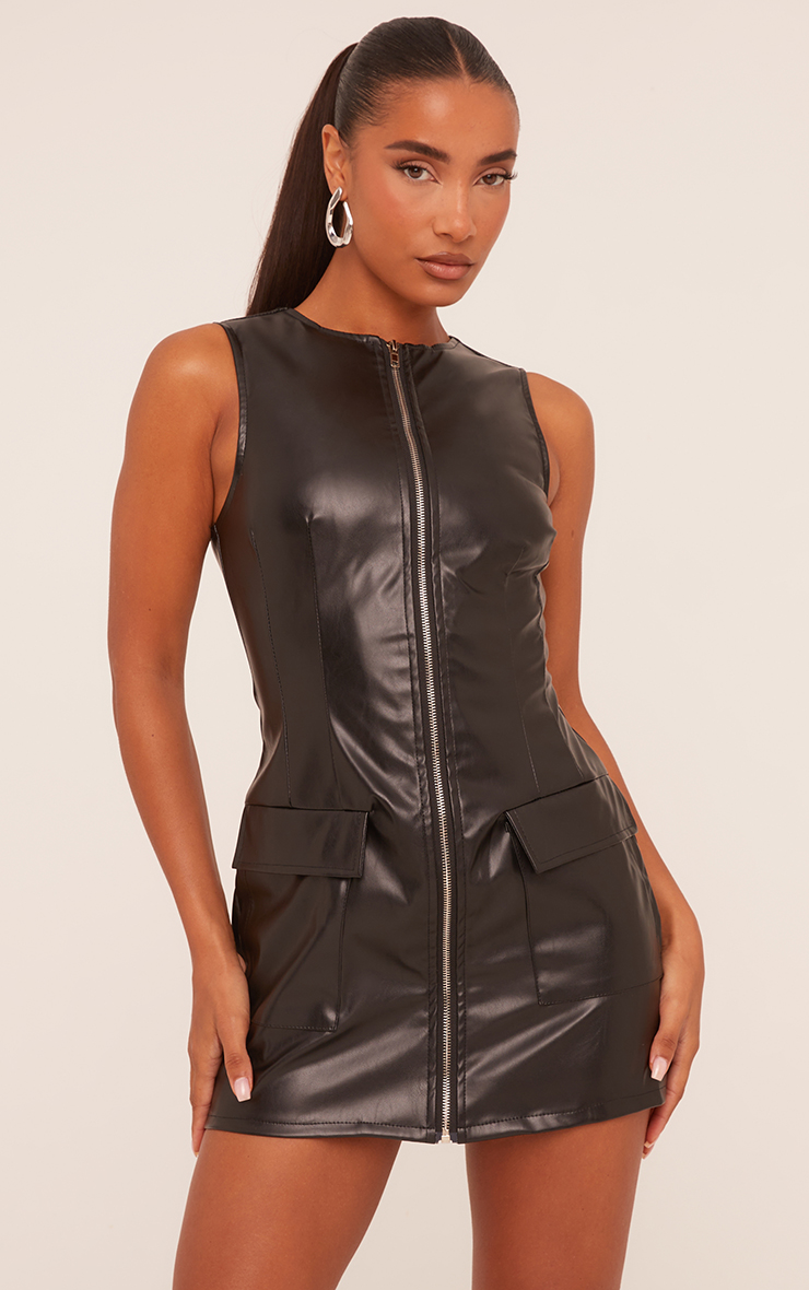 Sleeveless Zip Front Pocket Detail Mini Bodycon Dress In