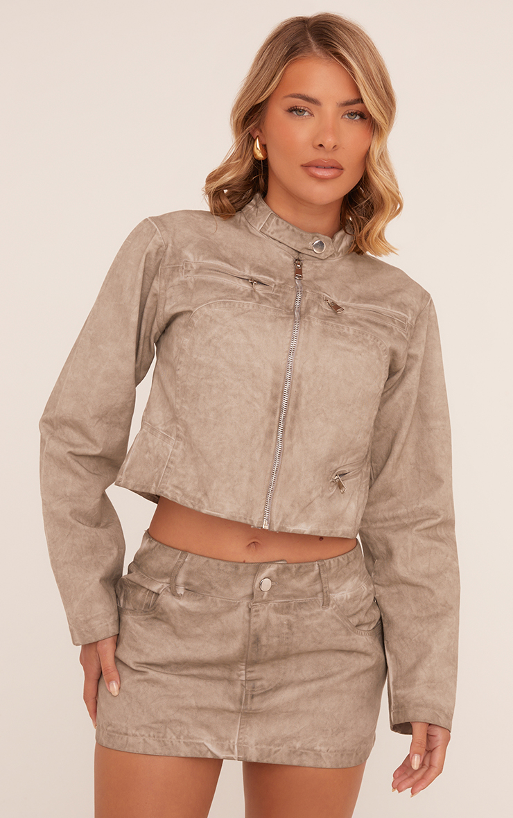 High Neck Zip Front Cropped Jacket In Washed Light Grey