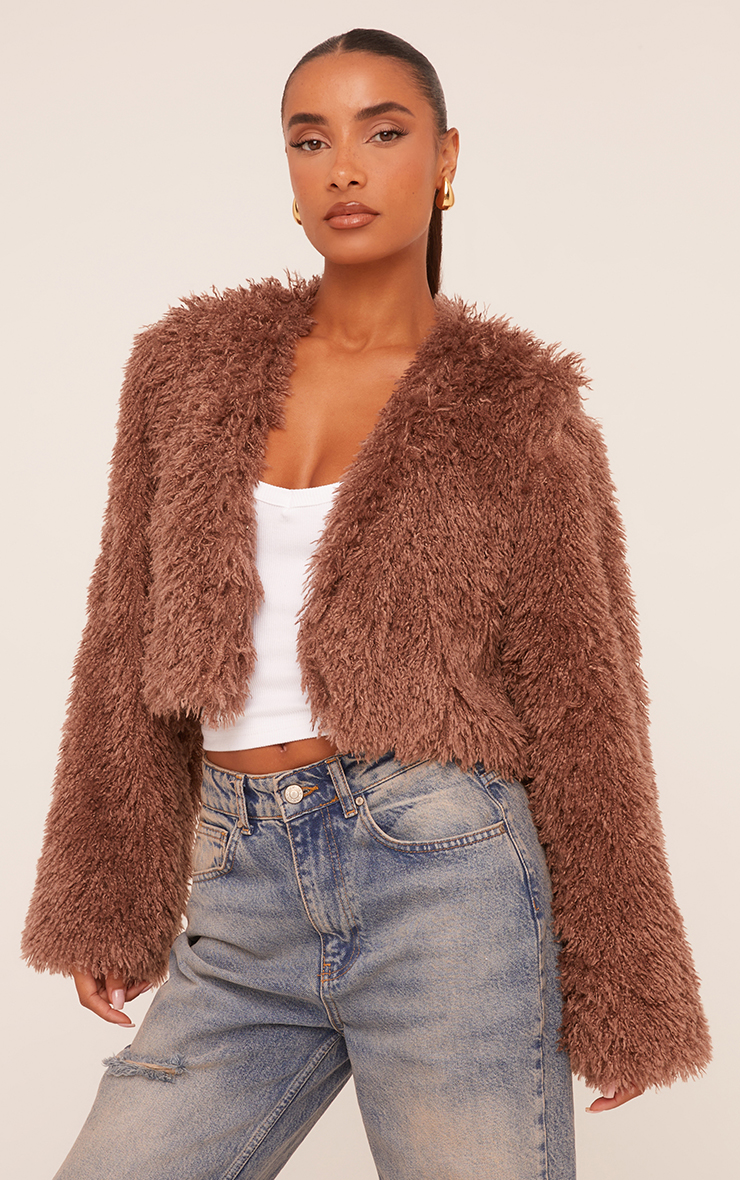 Collarless Cropped Fluffy Coat In Faux Fur Brown | EGO Shoes