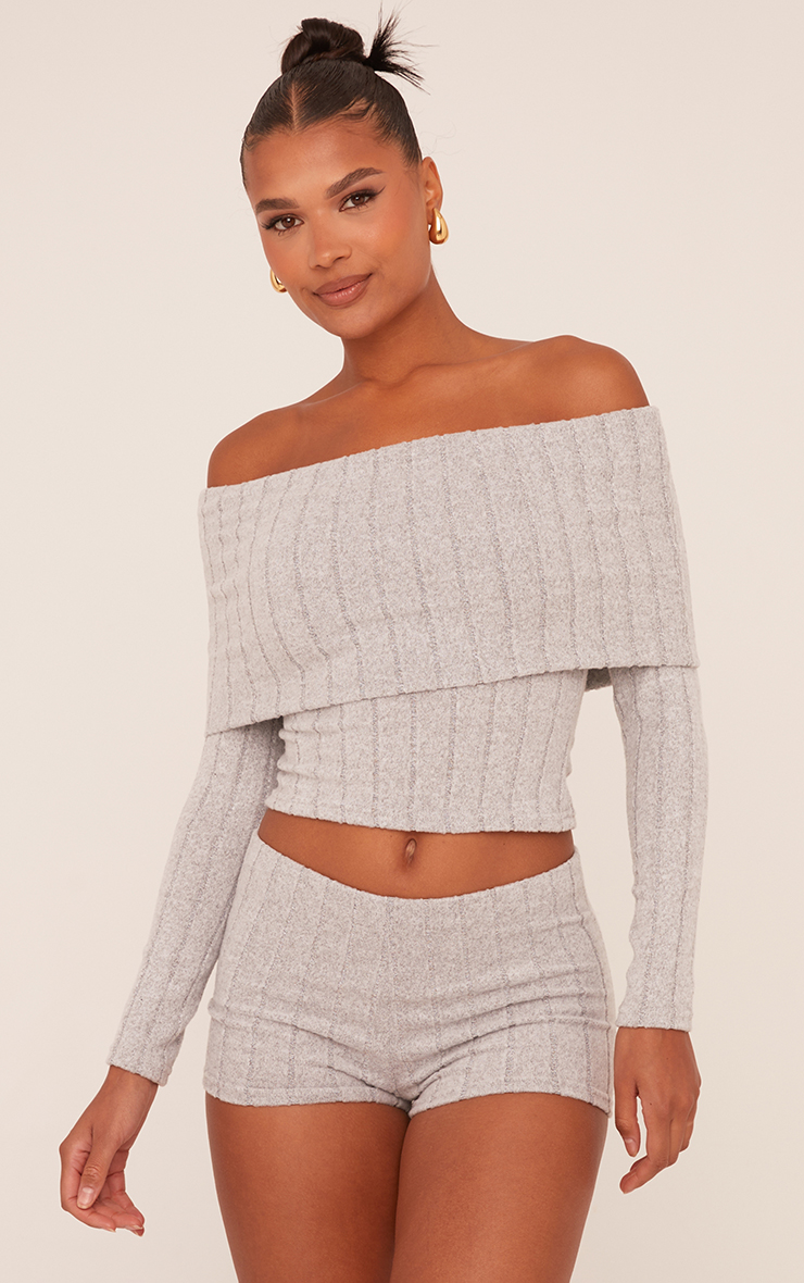 Fold Over Bardot Top In Grey Brushed Rib | EGO US | EGO