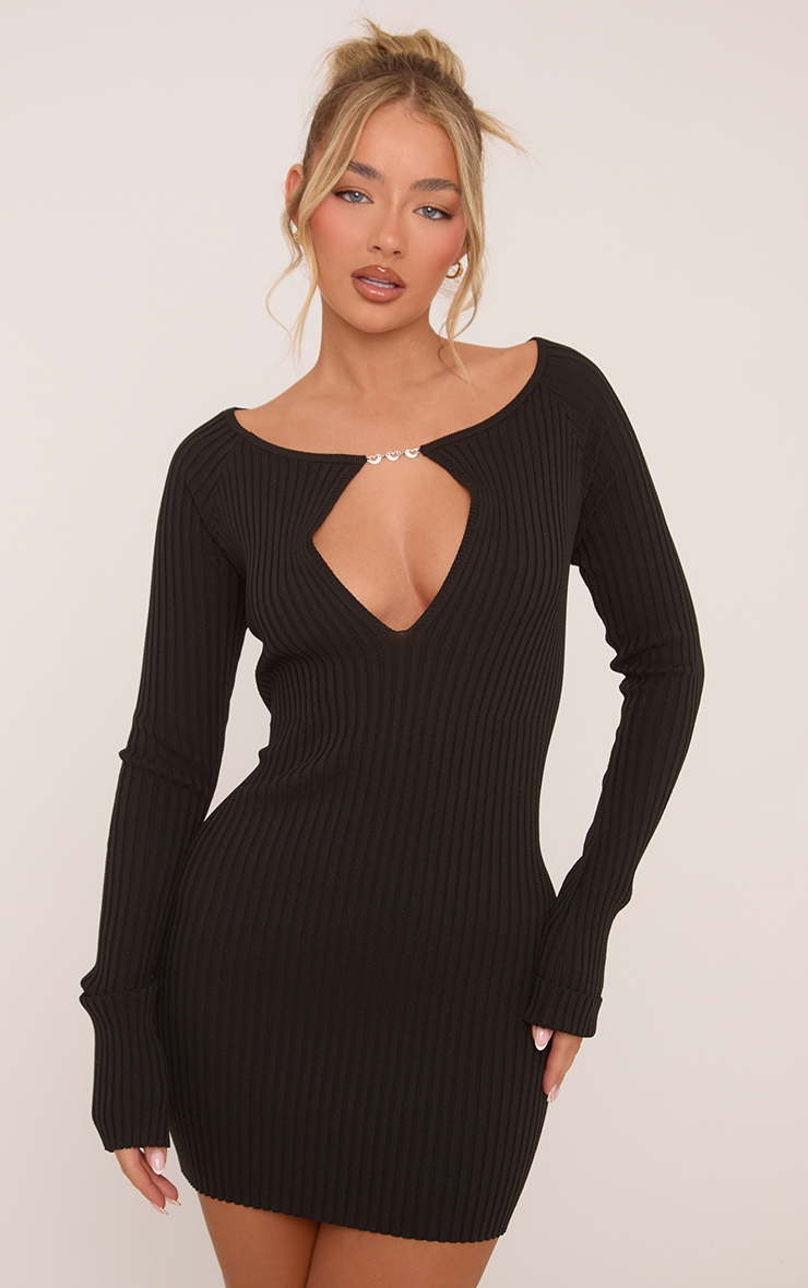 Long Sleeve Heart Trim Keyhole Cut Out Mini Bodycon Dress In