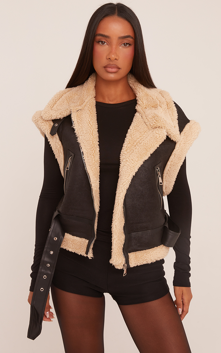 Belted Waist Borg Lining Gilet Jacket In Black Faux Leather