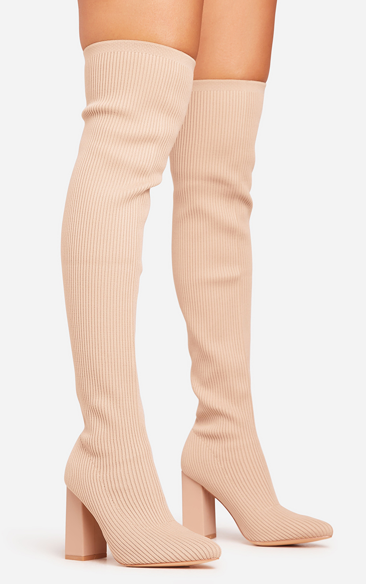 Forest Block Heel Thigh High Long Sock Boot In Cream Knit EGO EU