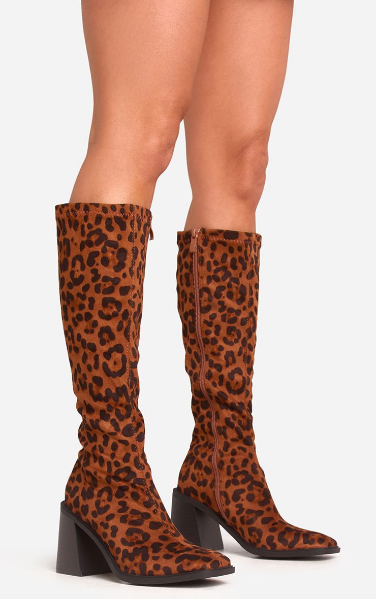 Wade Square Toe Block Heel Knee High Long Boot In Leopard