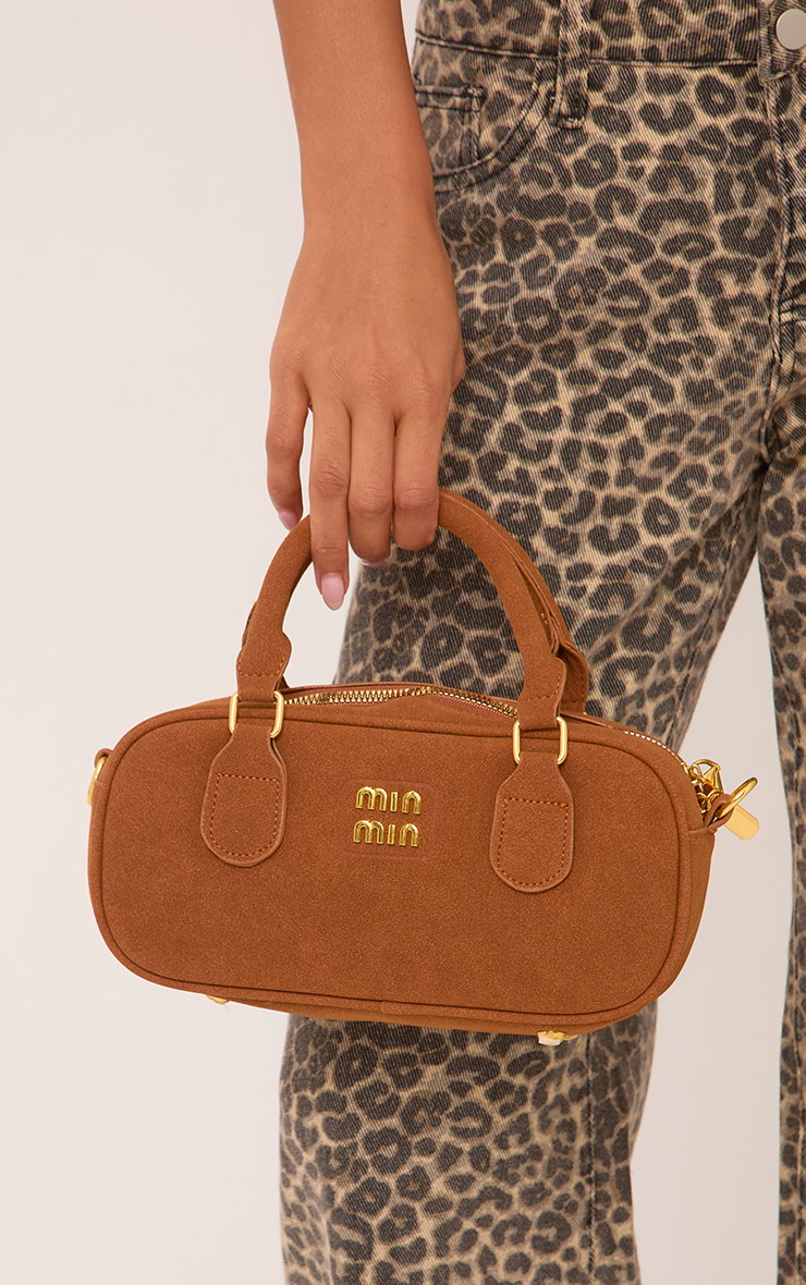Creed Logo Detail Oval Shape Grab Bag In Tan Brown Faux Suede