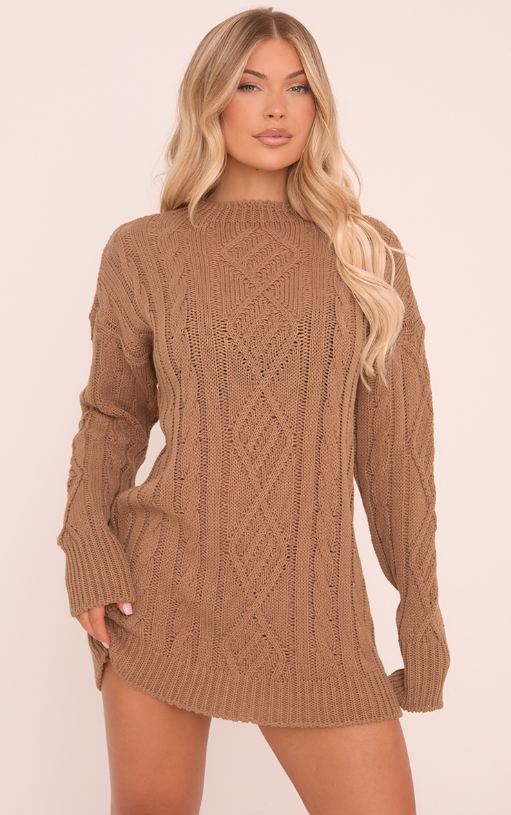 Long Sleeve Jumper Dress In Camel Brown Cable Knit | EGO AE | EGO